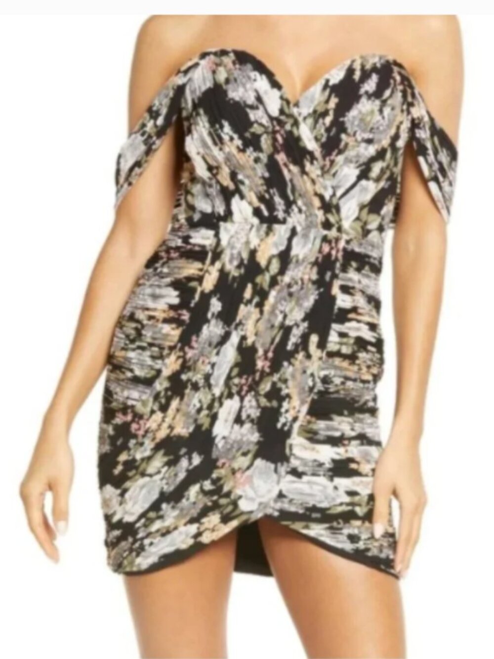 Lavish Alice Bardot Off Shoulder Floral Ruched Mini Dress NWT Black Size 2